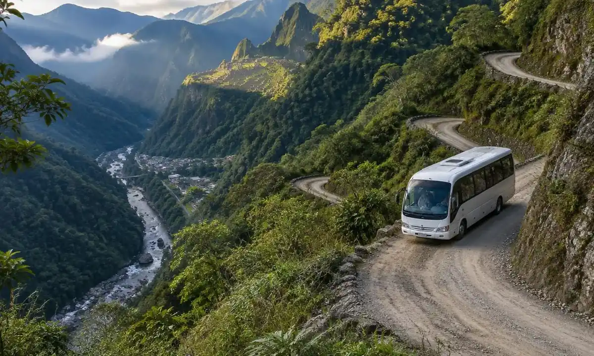 Shuttle bus climbing the switchback road from Aguas Calientes to Machu Picchu