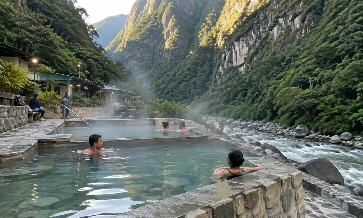 Thermal hot spring pools in Aguas Calientes with travelers relaxing beside the river