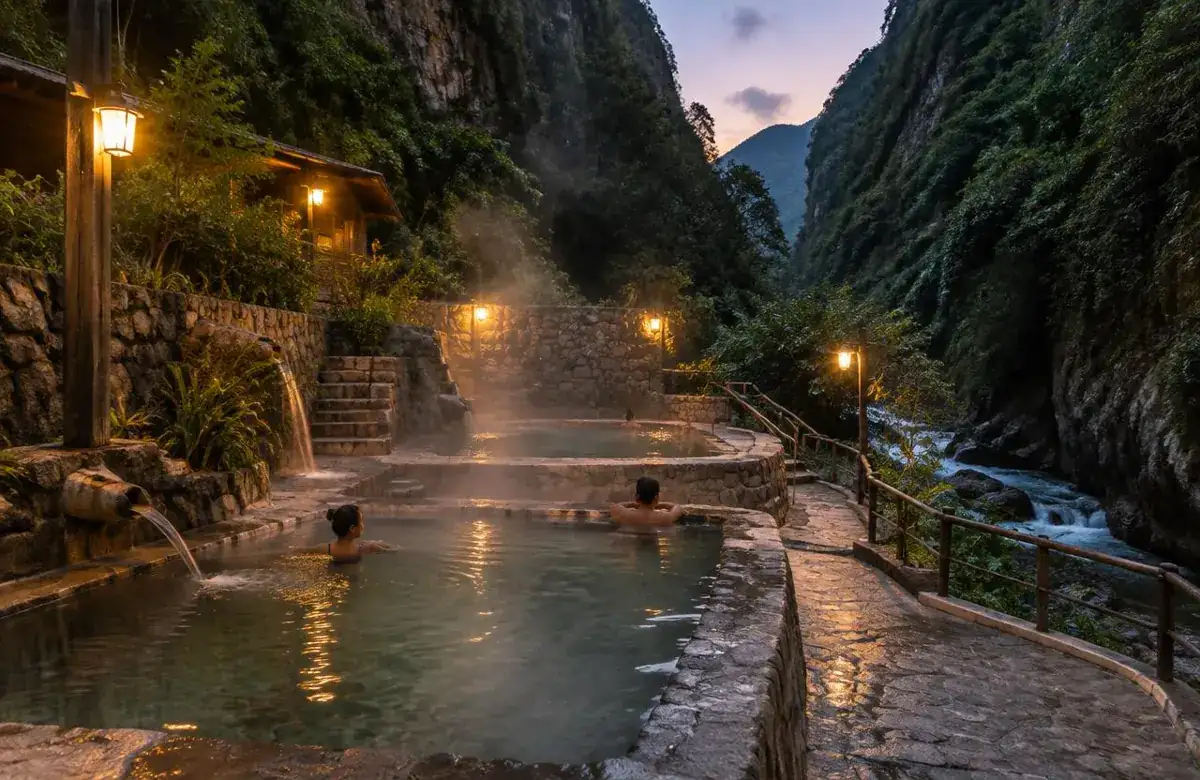 Aguas Calientes hot springs pools lit at night below forested canyon cliffs
