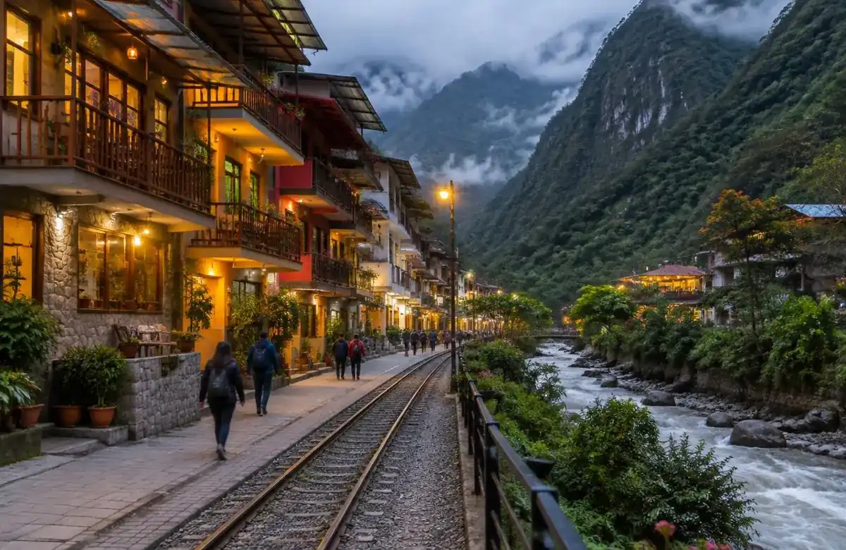 Aguas Calientes hotels along a narrow guesthouse street beside the Urubamba River