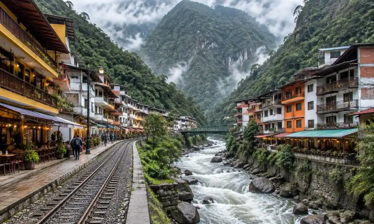 Aguas Calientes, Peru, with railway tracks and colorful hotels along the Urubamba River