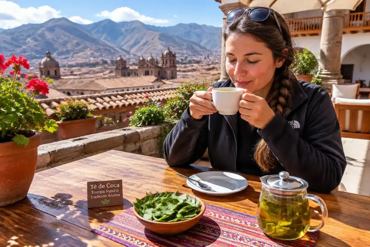 Traveler sipping coca tea on a Cusco terrace to ease altitude sickness