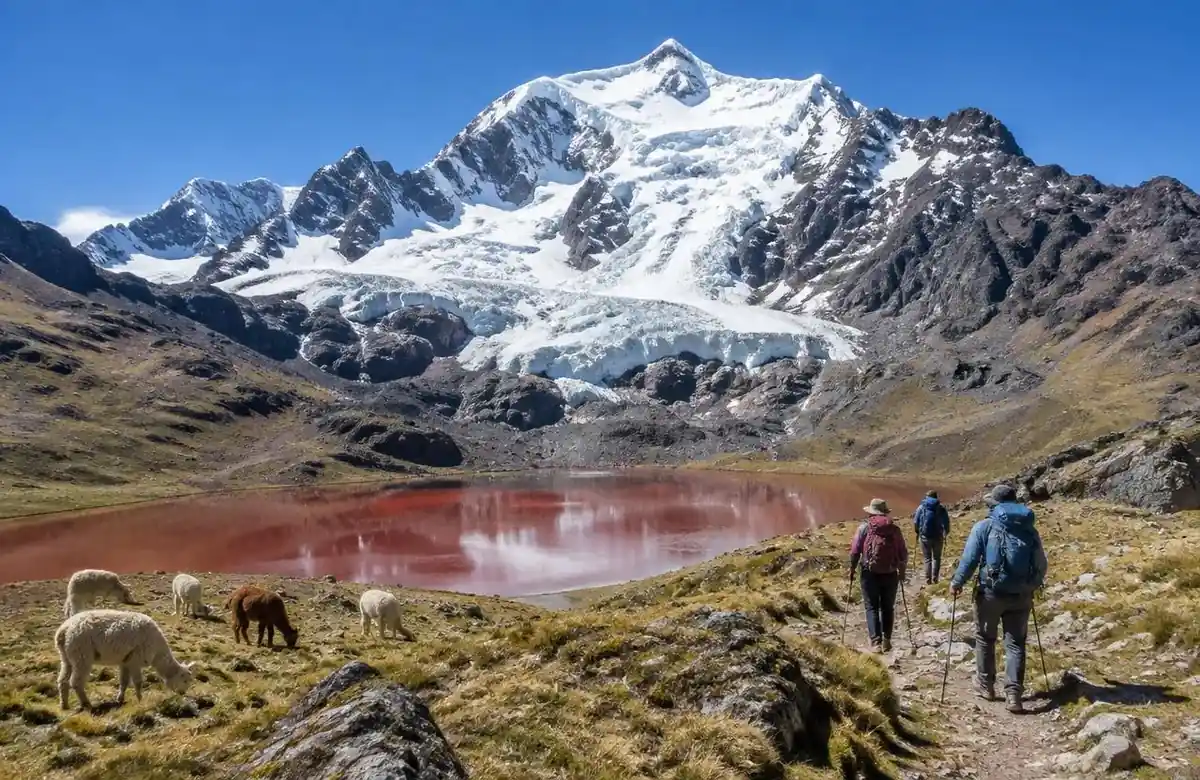Ausangate glacier and red mountain slopes on the 5-day Ausangate trek in Peru