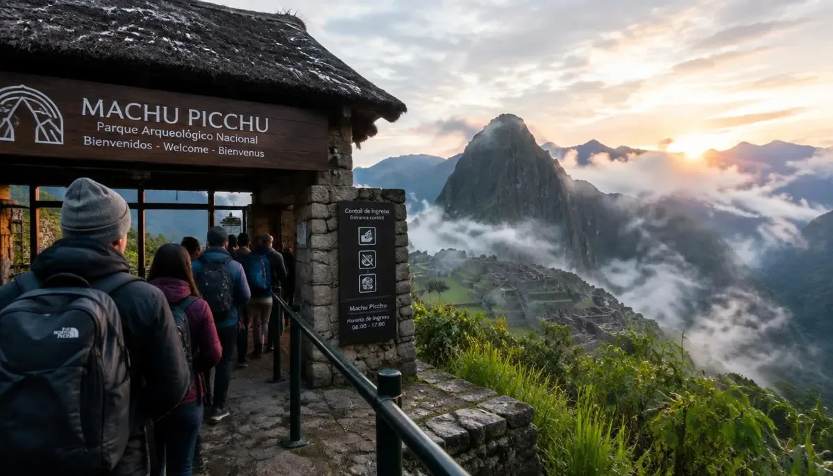 Travelers lining up at the Machu Picchu entrance at sunrise with mist over the ruins