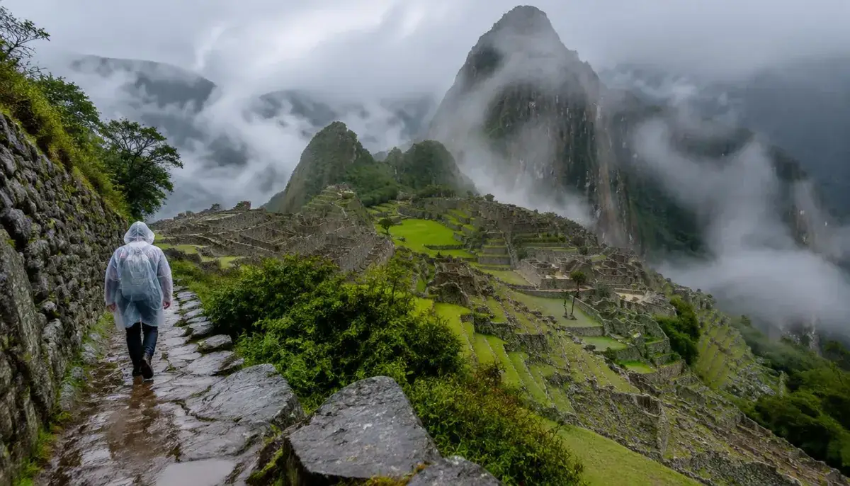 Traveler in a rain poncho above misty green terraces at Machu Picchu in rainy season