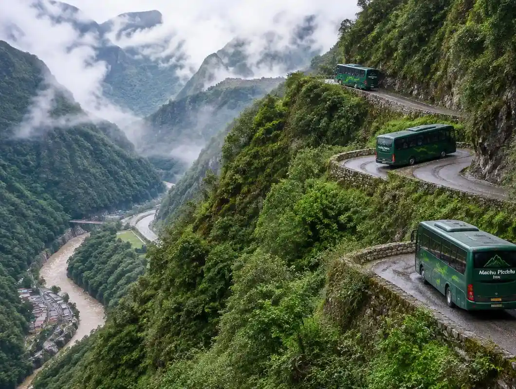 Buses climbing the switchback Hiram Bingham road from Aguas Calientes to the Machu Picchu entrance