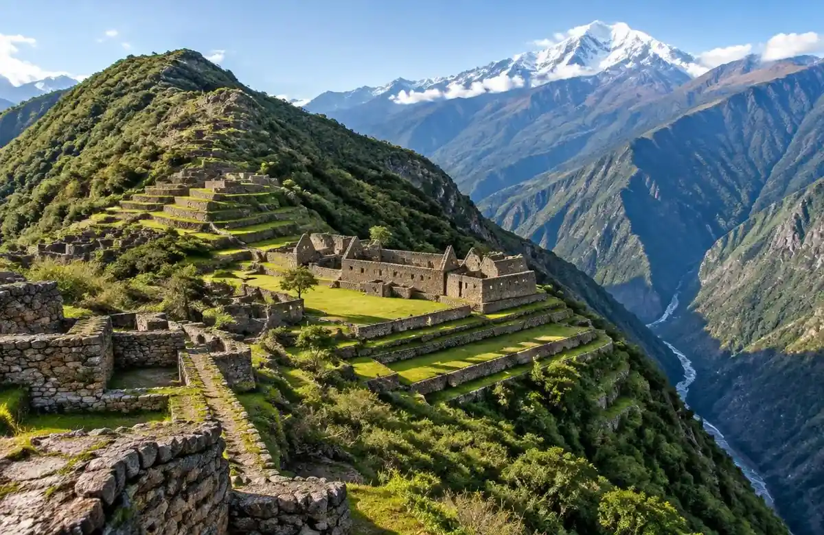 Choquequirao Inca ruins and terraces on a remote ridge above the Apurimac canyon