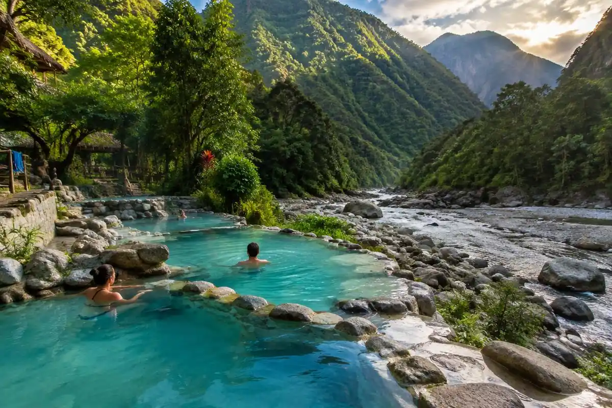 Cocalmayo hot springs thermal pools beside the Urubamba River near Santa Teresa, Peru
