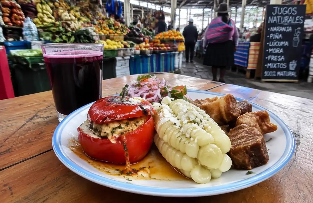 Cusco food plate with rocoto relleno, choclo with cheese and chicharron at San Pedro market