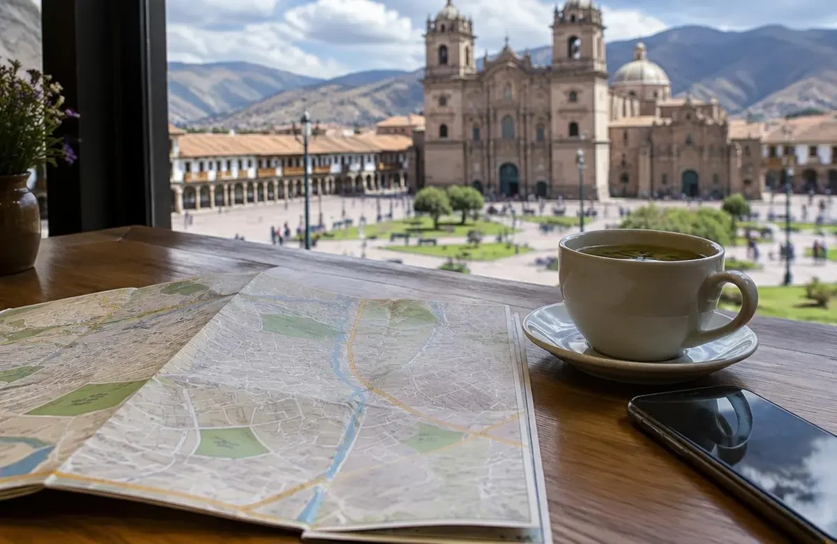Cusco map spread on a cafe table near the Plaza de Armas