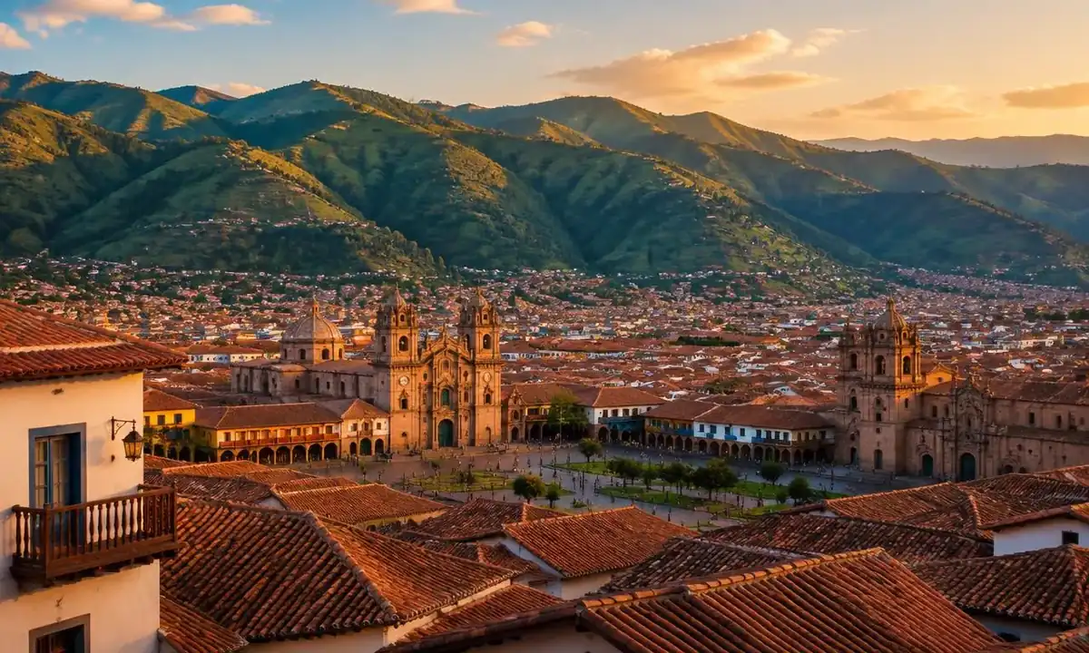 Cusco, Peru, historic center at sunset with the Cathedral and red tile roofs