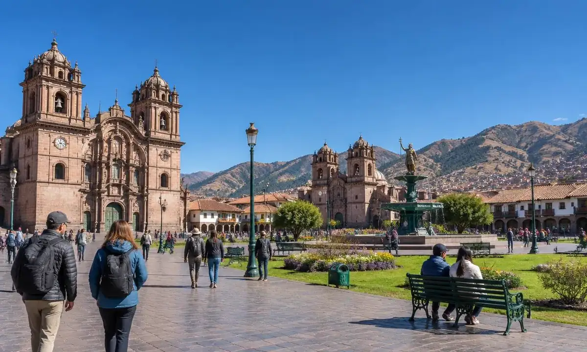 Cusco weather in the dry season with clear blue sky over the Plaza de Armas
