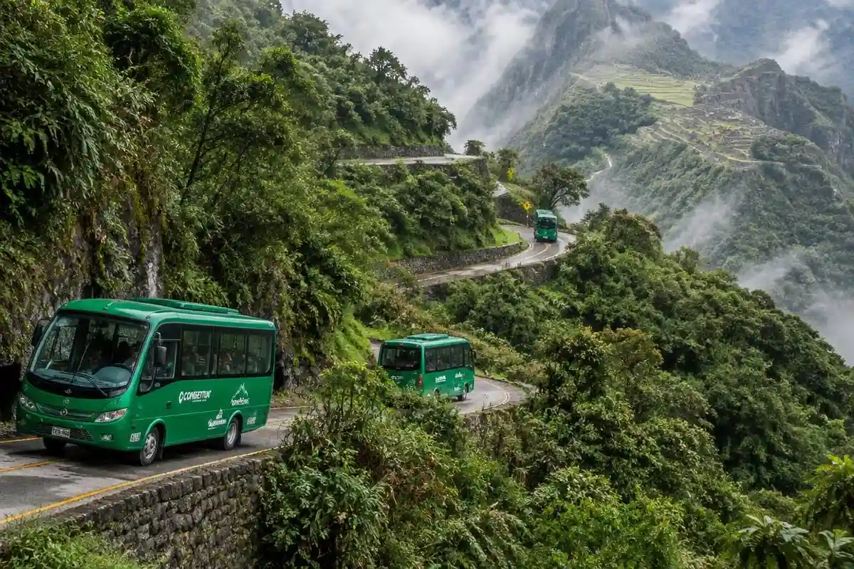 Consettur bus on the switchback road from Aguas Calientes to the Machu Picchu entrance gate