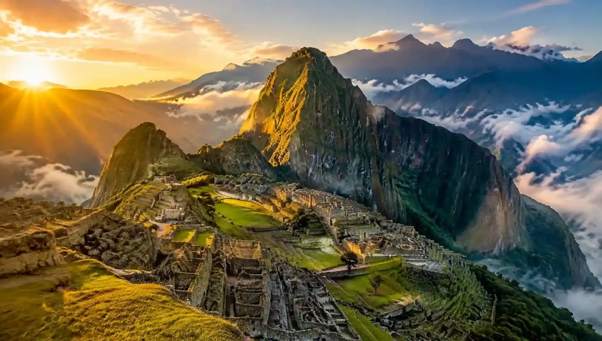Machu Picchu citadel at sunrise with Huayna Picchu, seen on a day trip from Cusco