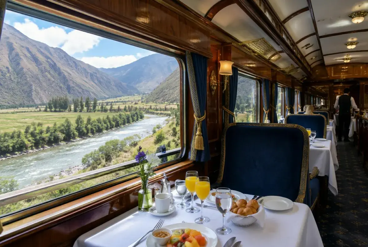 Hiram Bingham train dining car with set tables and Urubamba valley views