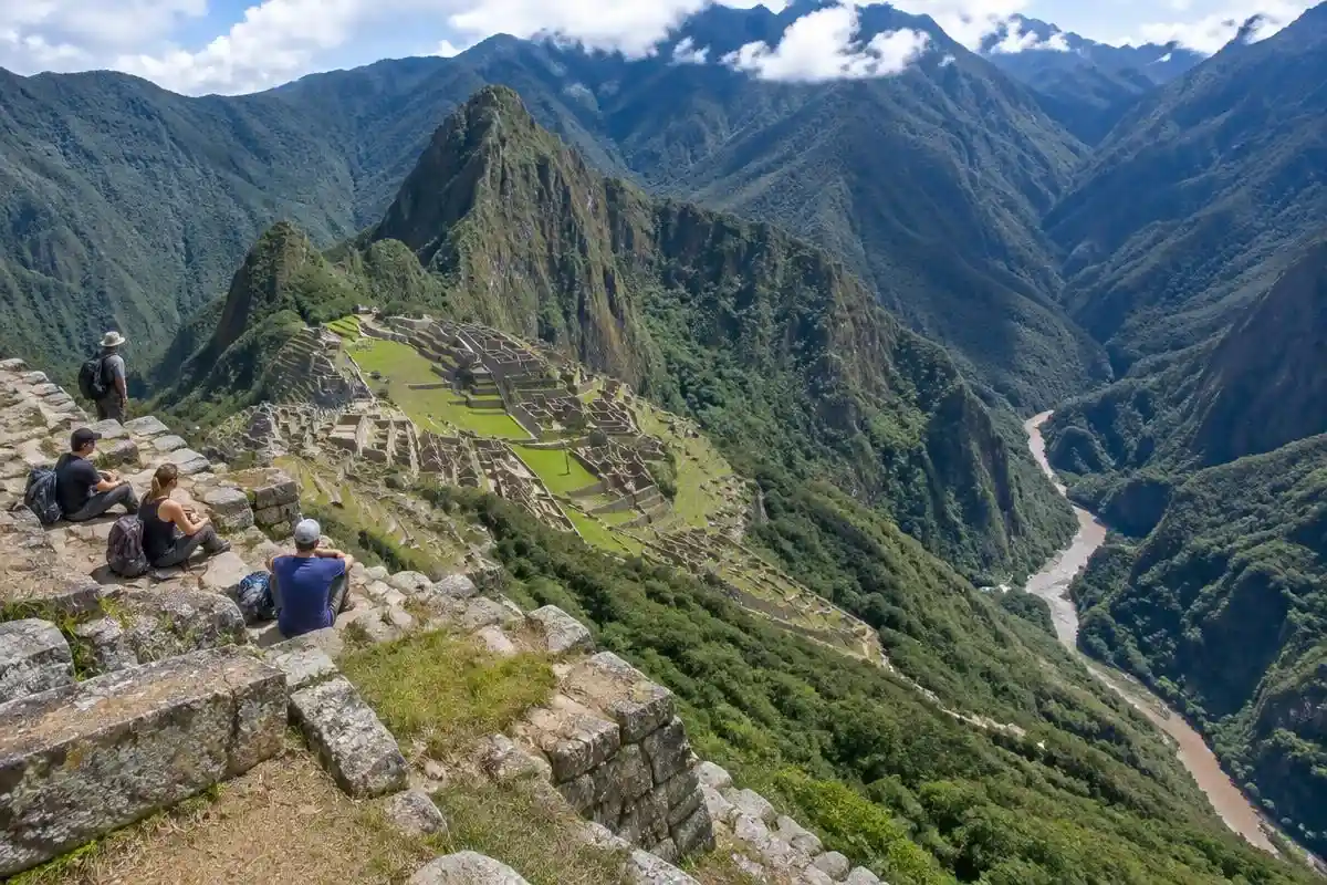 View from the Huayna Picchu summit terraces down onto the Machu Picchu ruins
