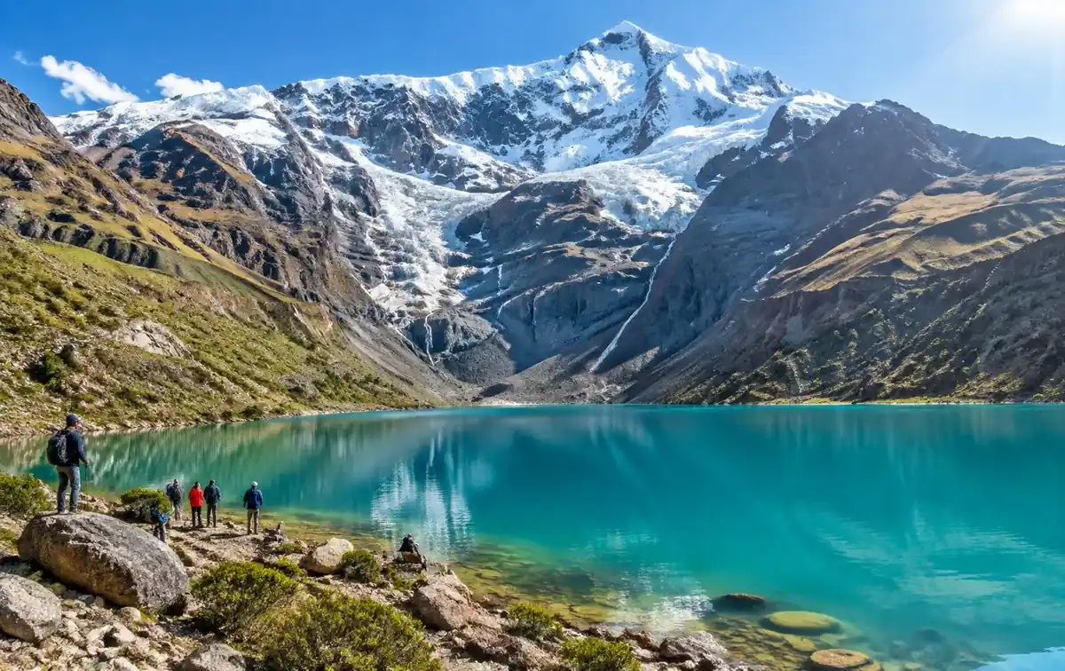Turquoise Humantay Lake below the glacier of Humantay peak on a tour from Cusco