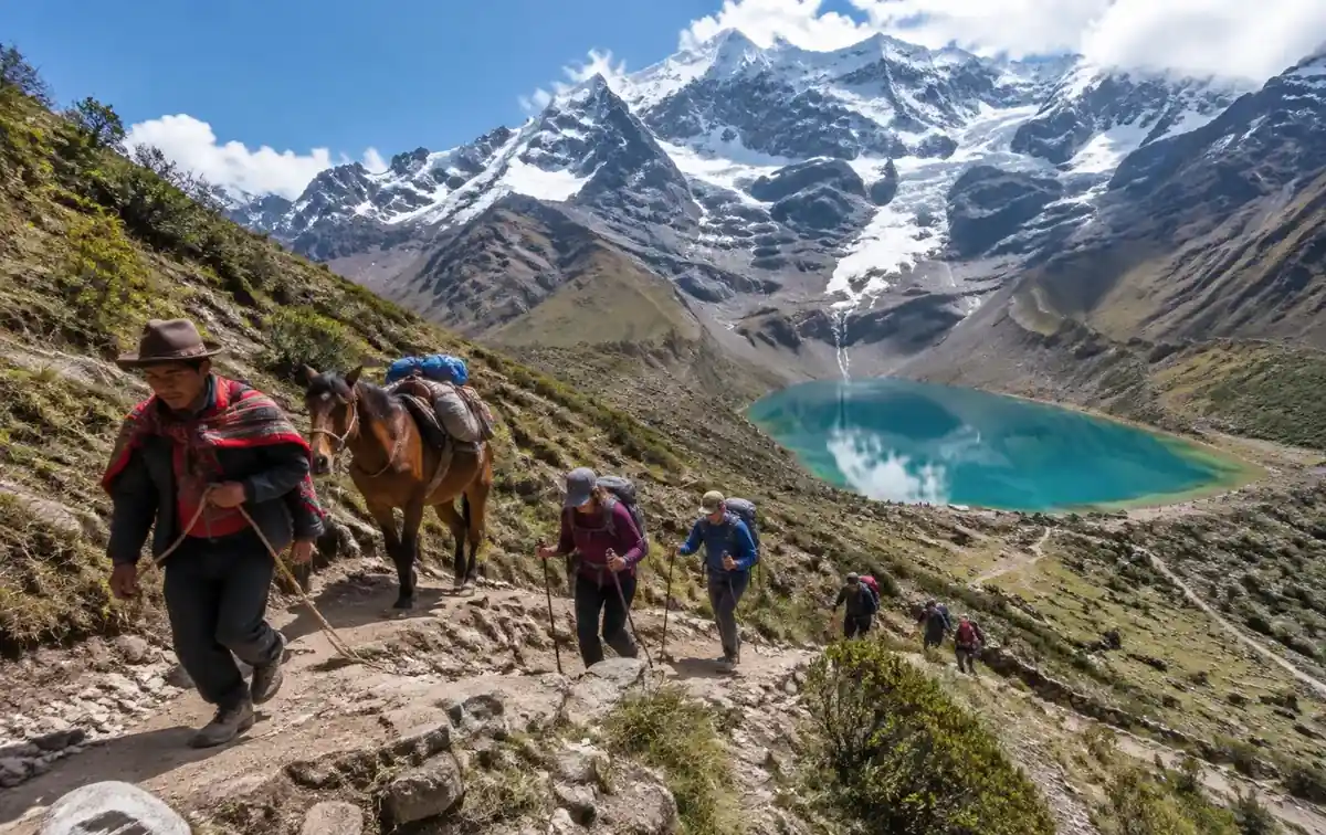 Hikers and a local horseman on the steep humantay lake hike trail above the lake