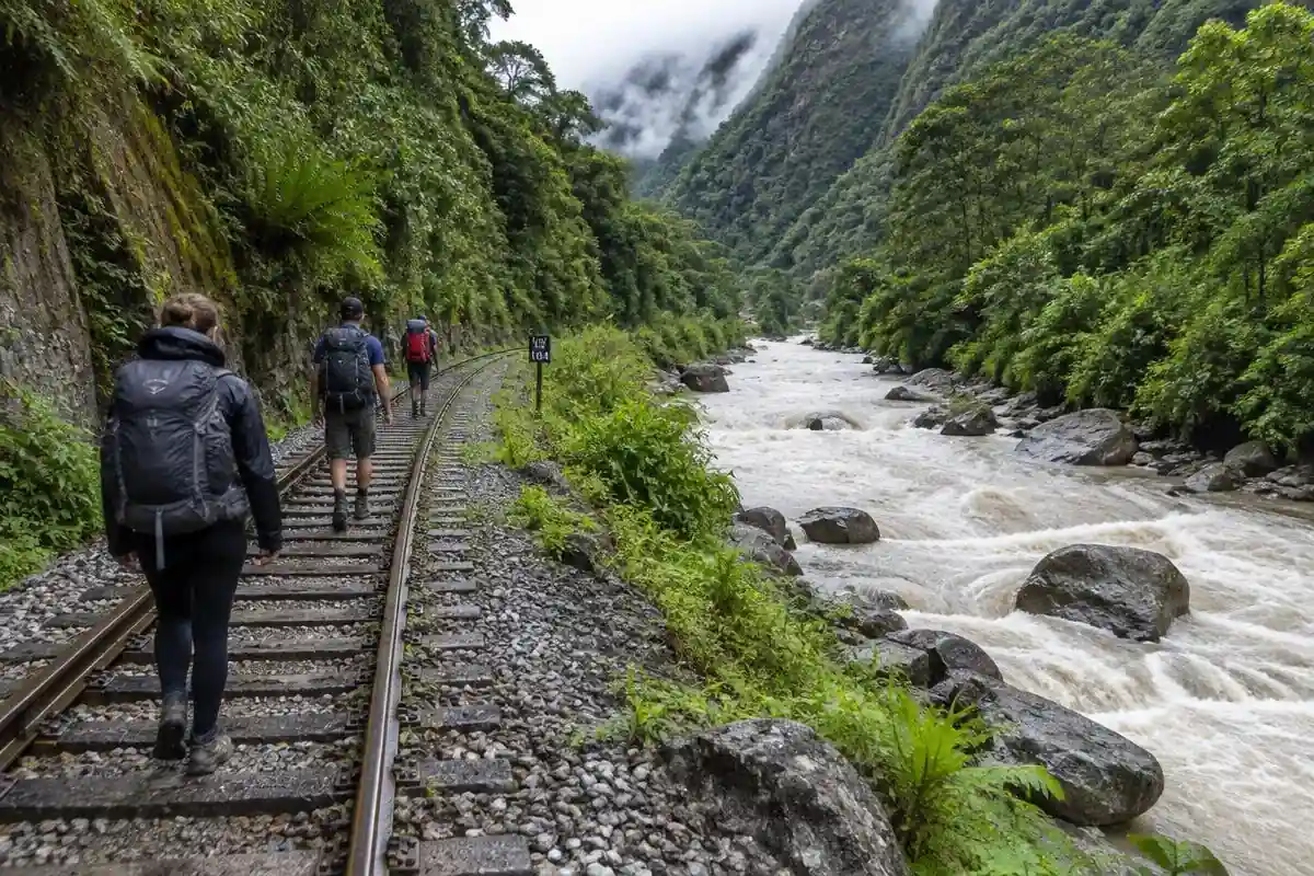 Backpackers walking the railway tracks on the budget Hydroelectric route to Machu Picchu