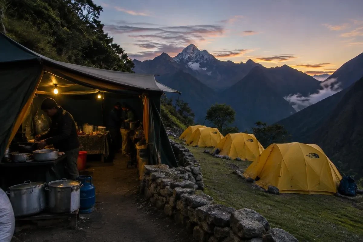 Inca Trail trek campsite with tents and a cooking tent at dusk