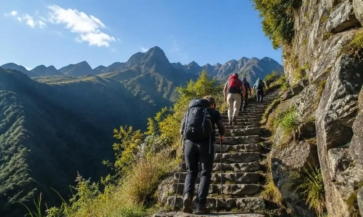 Trekkers with poles climbing steep Inca stone steps on the Inca Trail