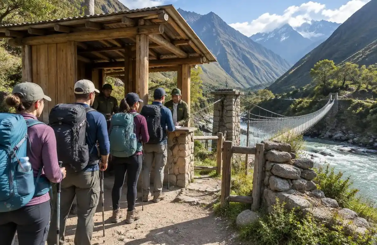 Hikers showing Inca Trail permits and passports at the Km 82 control checkpoint