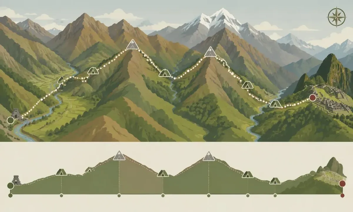Illustrated Inca Trail map from Km 82 to Machu Picchu with campsites and elevation profile