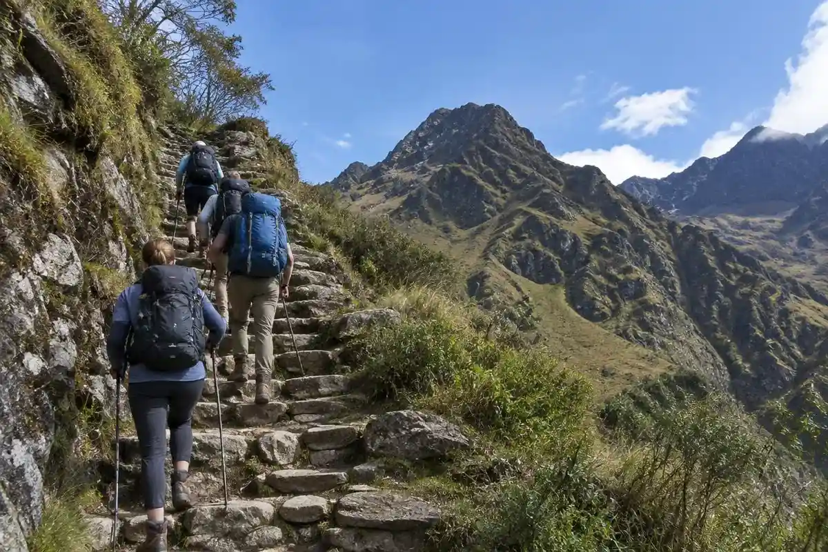 Trekkers with Inca Trail permits climbing a high mountain pass on the Classic route