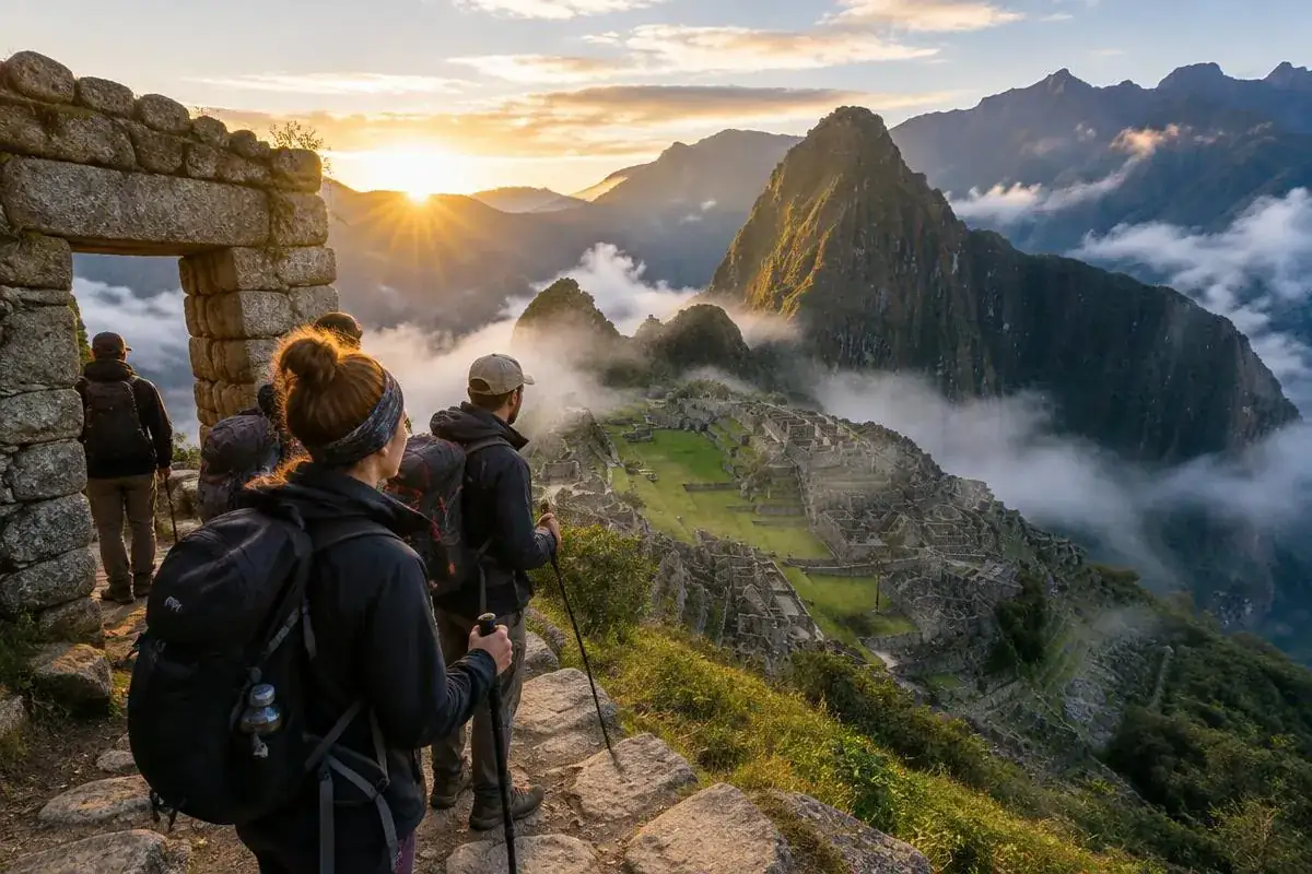 View of Machu Picchu from the Sun Gate at the end of the Inca Trail