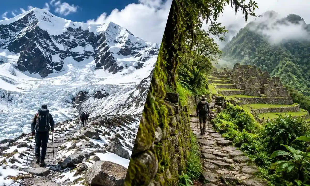 Side by side view of the snowy Salkantay trail and a green Inca Trail path