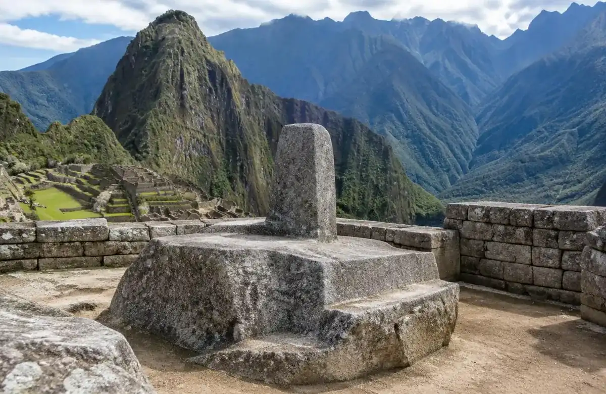 Intihuatana stone at Machu Picchu, a carved granite pillar with Huayna Picchu behind