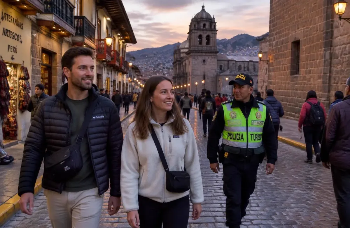 Tourist couple walking past tourism police on a Cusco street while asking is peru safe