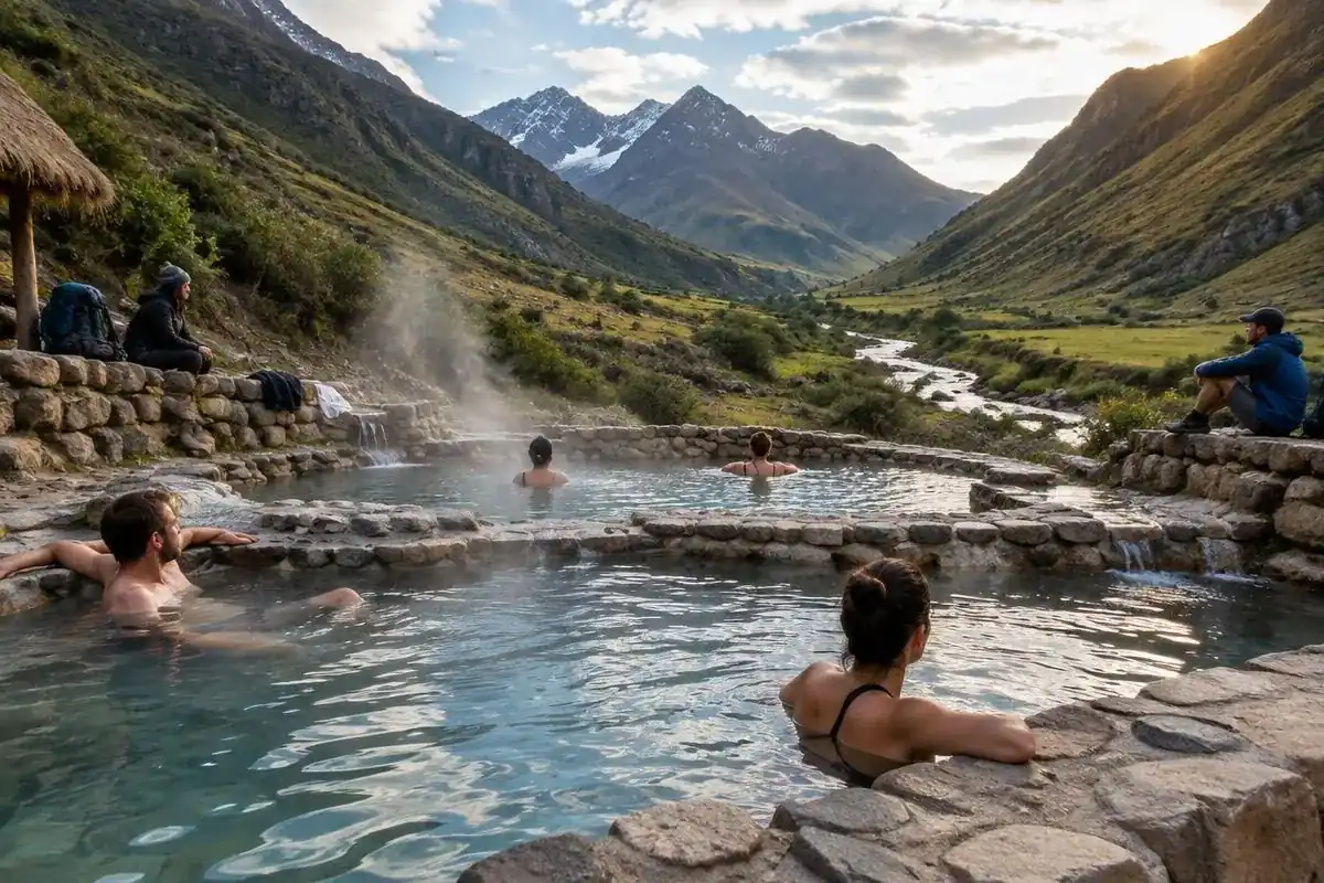 Steaming natural pools at the Lares hot springs on the Lares trekking route