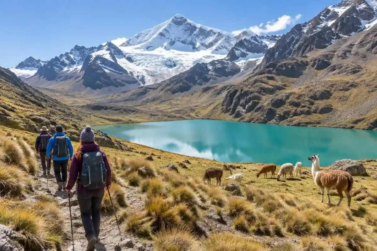 Hikers near Ipsaycocha Lake below the pass on the lares trail to machu picchu