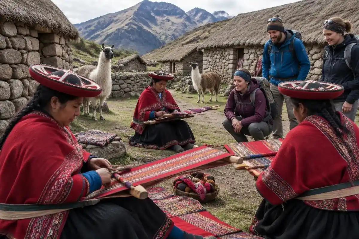 Quechua women weaving in a village on the lares trek peru