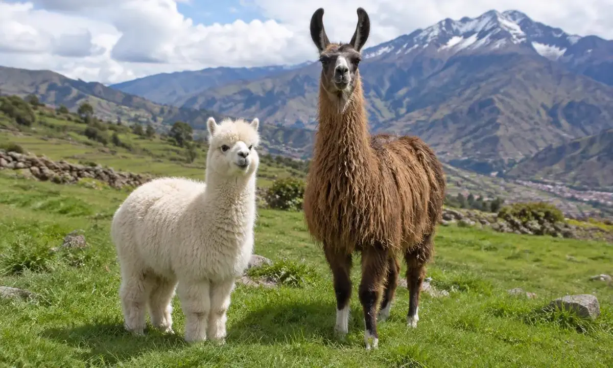 Llama vs alpaca side by side near Cusco, showing the llama's long ears