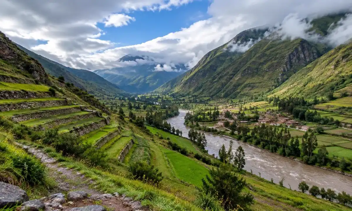 Green Sacred Valley terraces and Urubamba River in April shoulder season