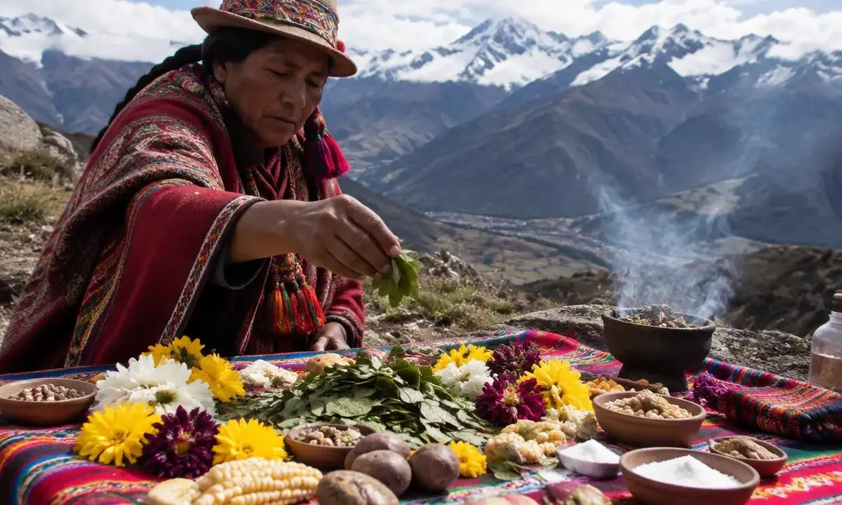 Andean Pachamama offering with coca leaves and flowers in August