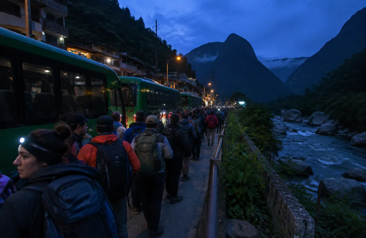 Tourists queuing before dawn for the Machu Picchu bus beside shuttle coaches in Aguas Calientes