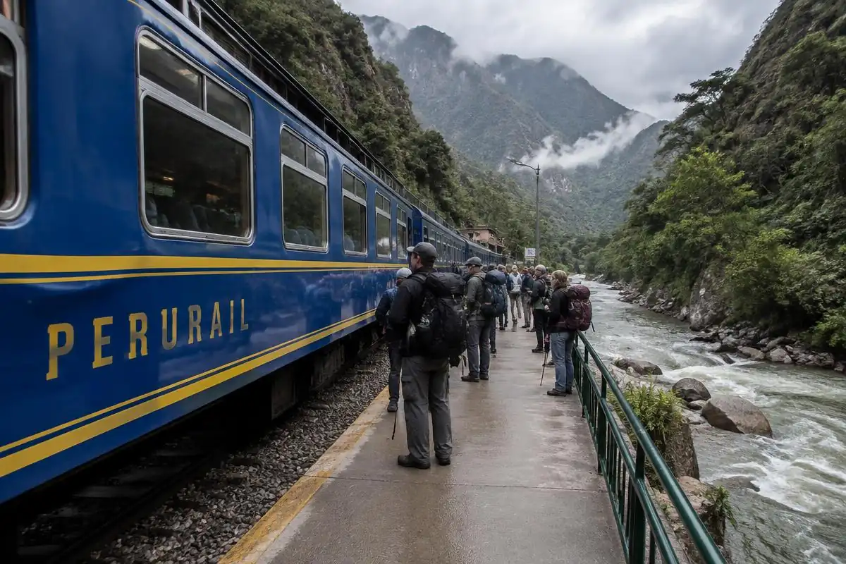 Travelers waiting on a train platform near Aguas Calientes during a Machu Picchu closing or strike day