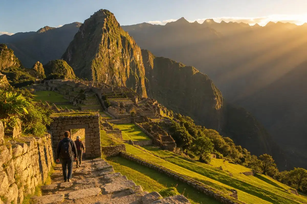 Visitors leaving Machu Picchu on the exit path at closing time in late afternoon light