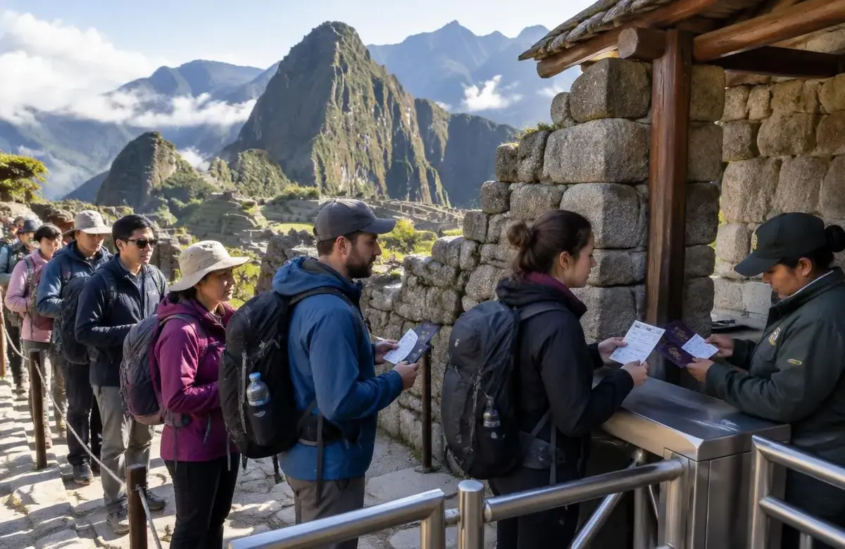 Visitors showing Machu Picchu tickets and passports to staff at the citadel entrance control gate