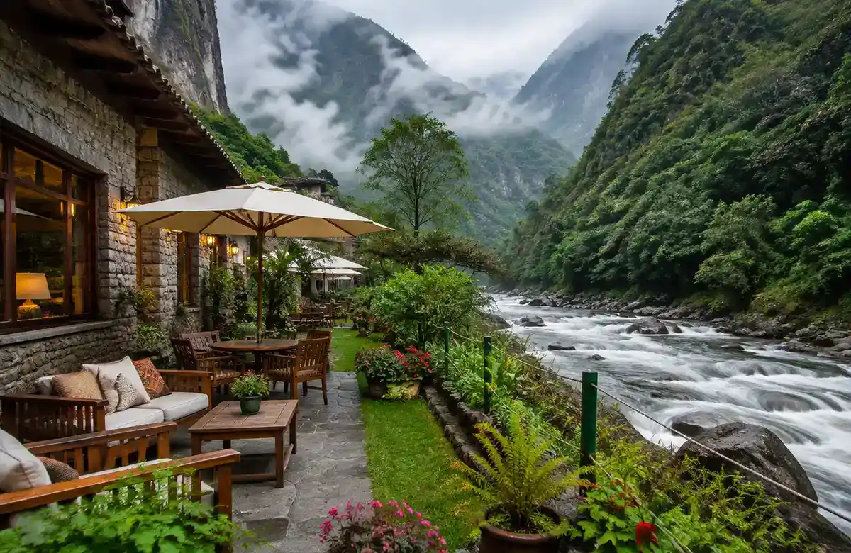 Riverside hotel garden terrace in Aguas Calientes near Machu Picchu and cloud forest