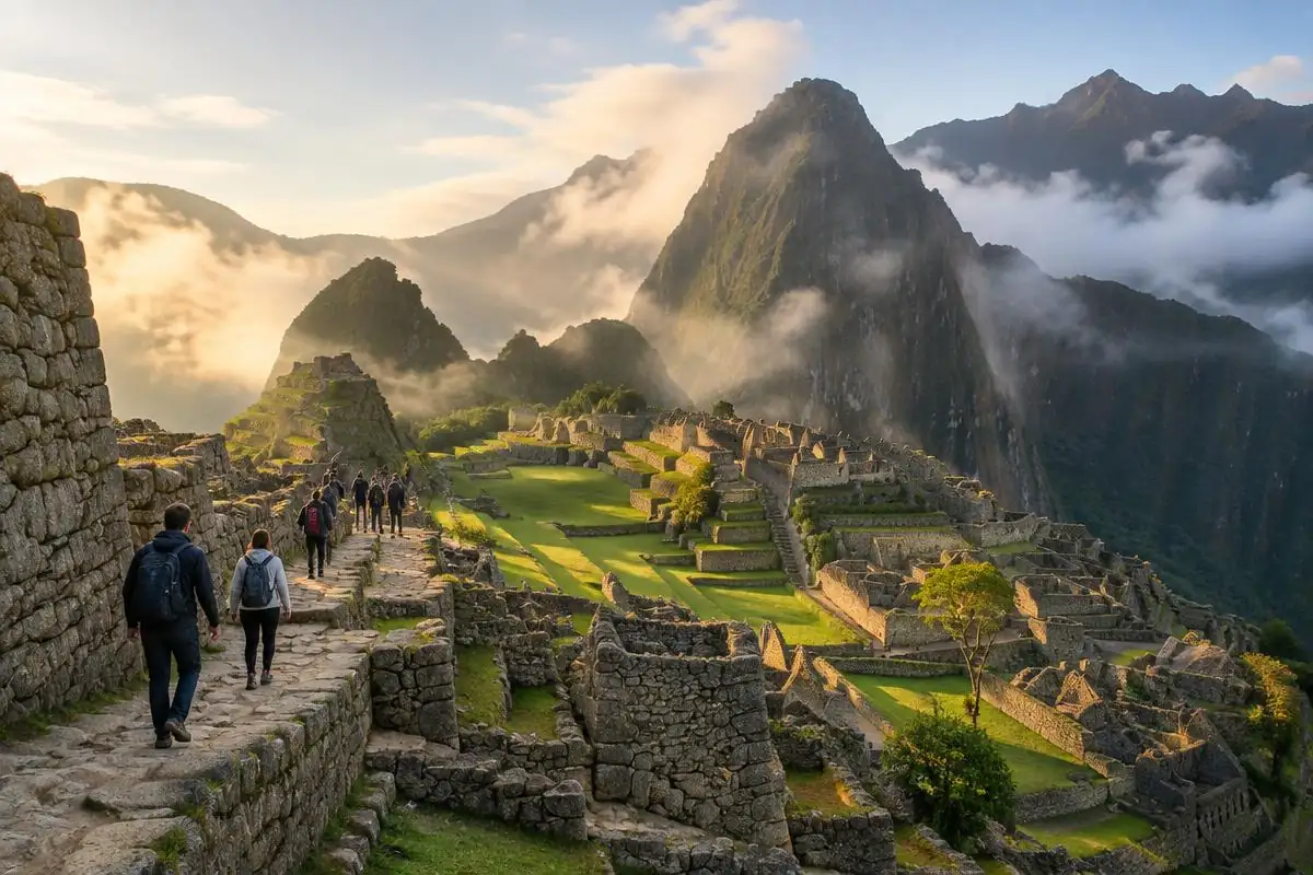 Visitors walking a stone path inside Machu Picchu in early light on a one-day itinerary