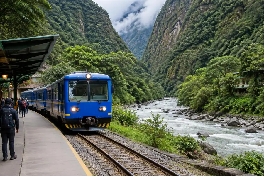 Tourist train arriving at Aguas Calientes station by the Urubamba River on a 3 day Machu Picchu trip
