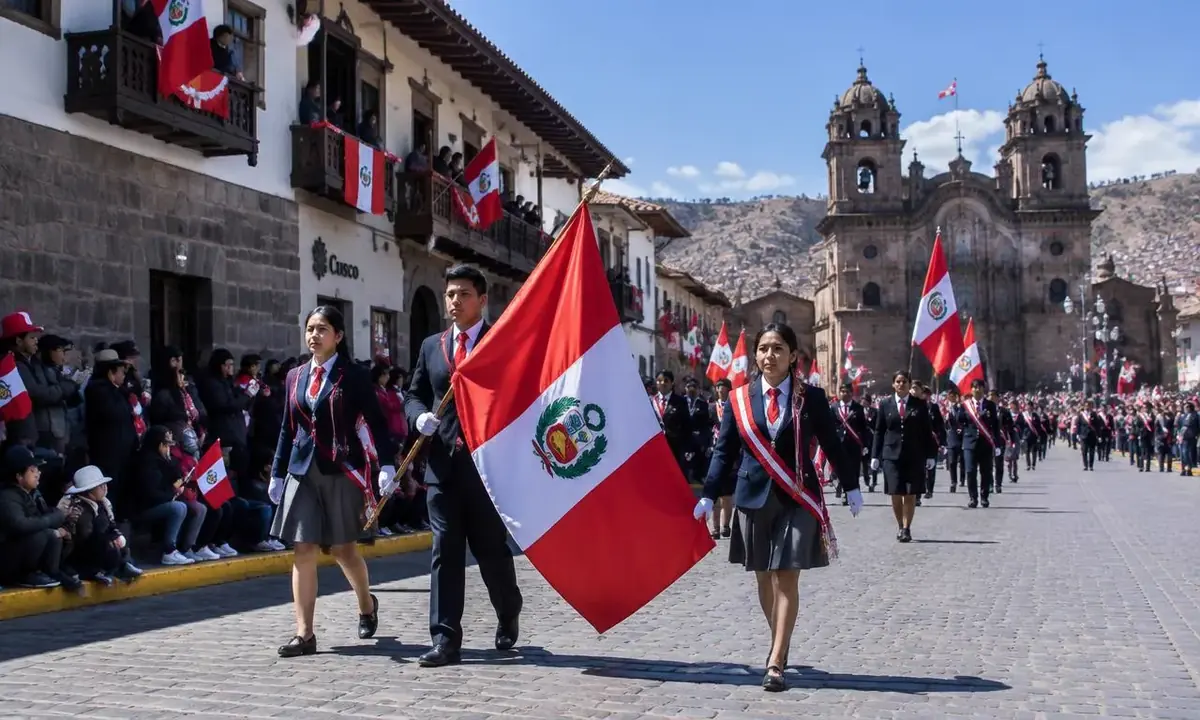 Fiestas Patrias parade with Peruvian flags in Cusco in late July