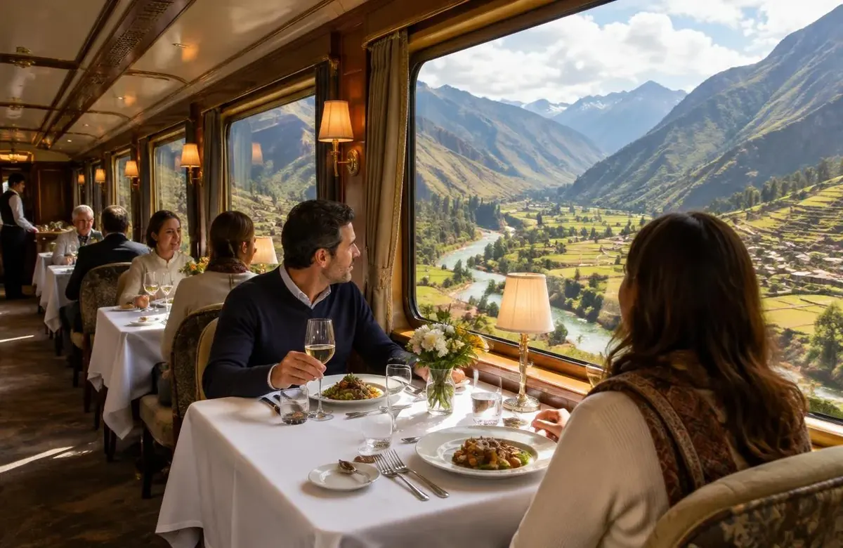 Elegant dining car on a luxury train ride to Machu Picchu through the valley