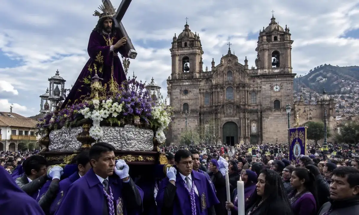 Holy Week procession through Cusco's Plaza de Armas in March