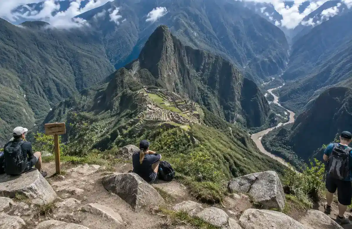 View from the Machu Picchu Mountain summit down to the citadel and Huayna Picchu