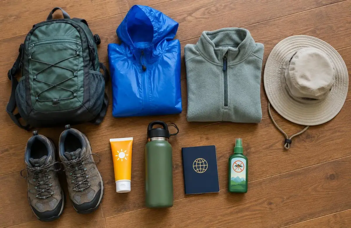 Machu Picchu packing list flat lay with daypack, rain jacket, hiking shoes and passport